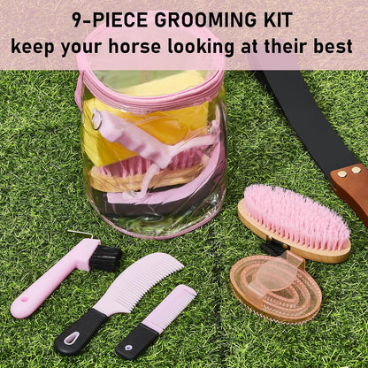 9 Pieces Horse Grooming Kit Tack Room Supplies Set with Organizer Tote Bag, Oval Massage Curry