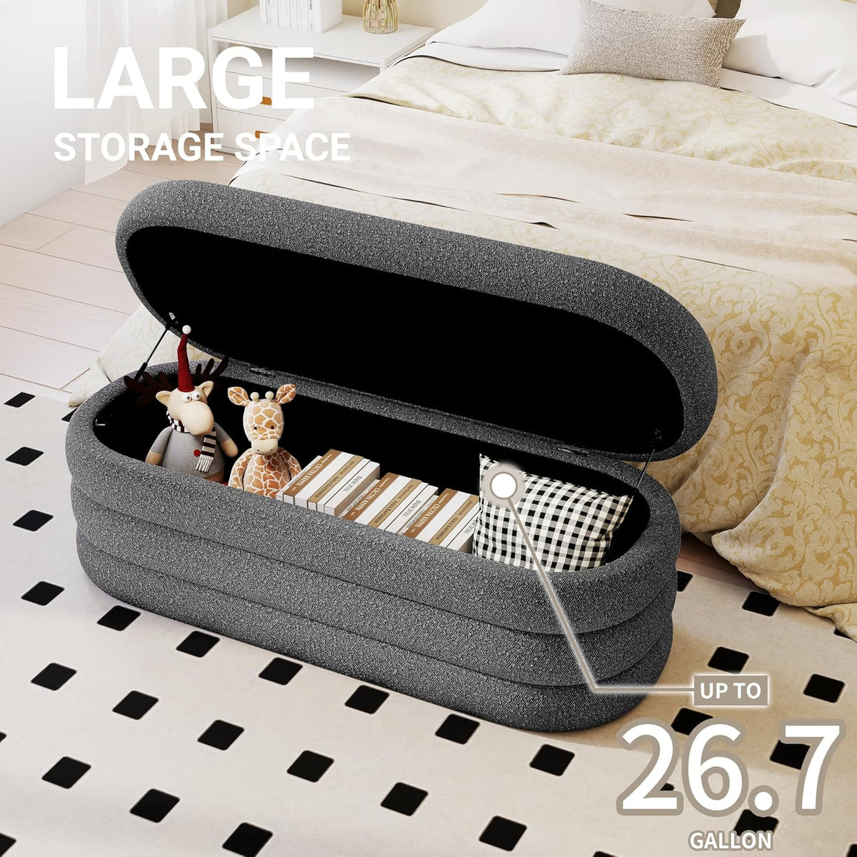 Storage Ottoman Bench 49.2 Inch Upholstered Fabric Storage Bench for Bedroom End of Bed Aesthetic