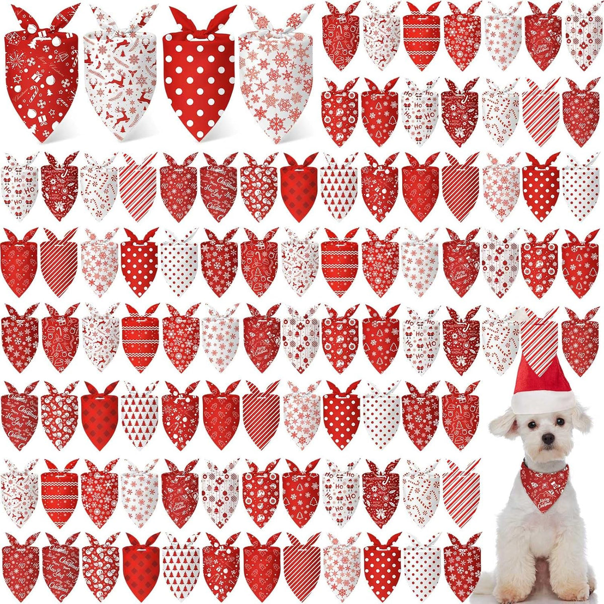 Chunful 100 Pieces Christmas Dog Bandanas Bulk Red and White Xmas Bandanas for Dogs Triangle Scarf