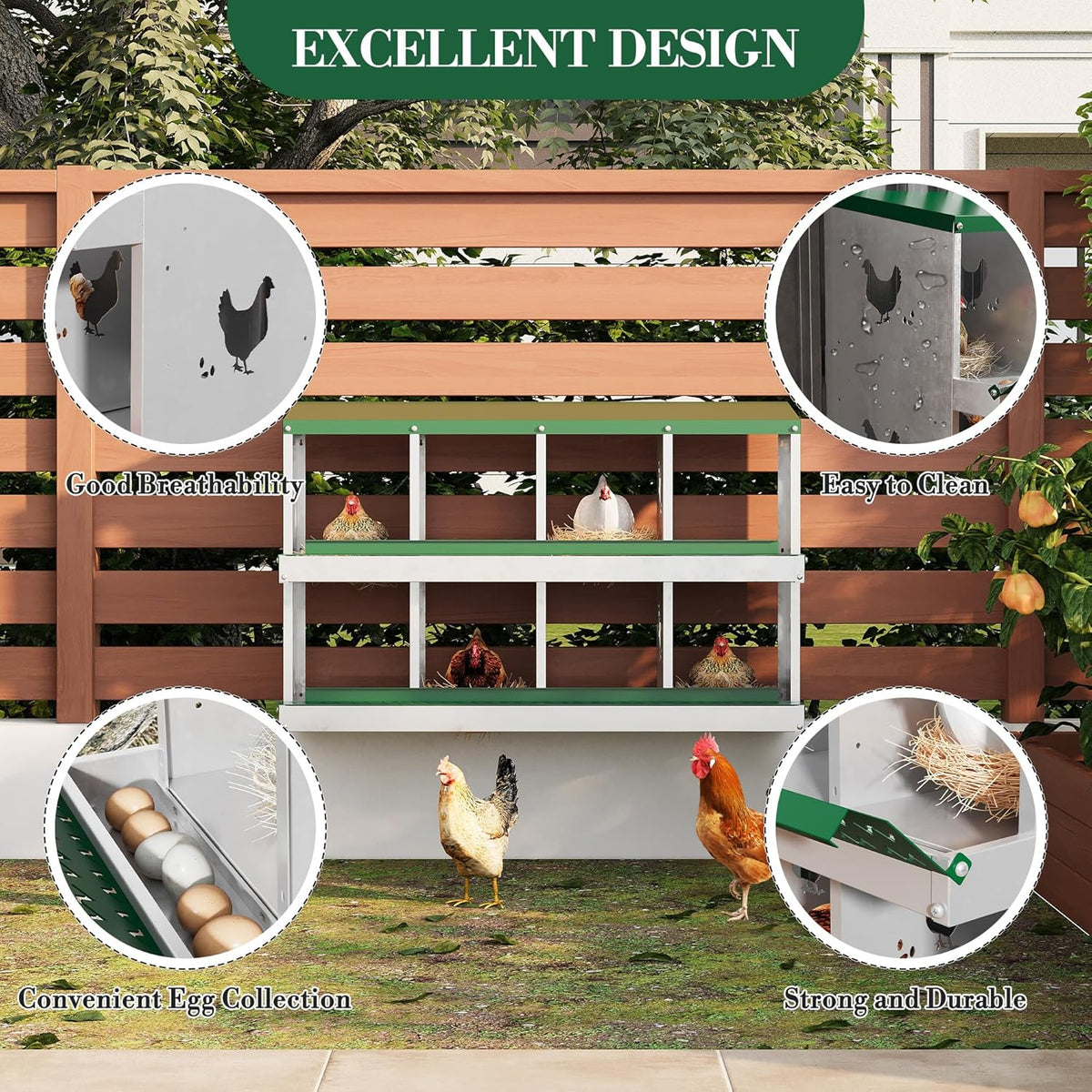 8 Hole Chicken Nesting Box with Roll Out Egg Tray, Rustproof & Ventilated Chicken Laying Boxes for