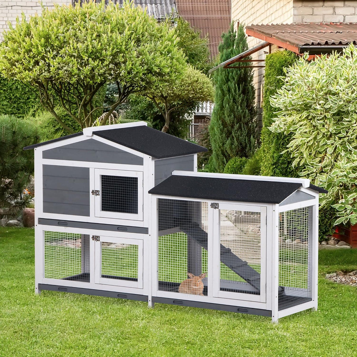 PawHut 62" Rabbit Hutch, Wooden Bunny Hutch, Guinea Pig Cage, Small Animal Enclosure with Run Area