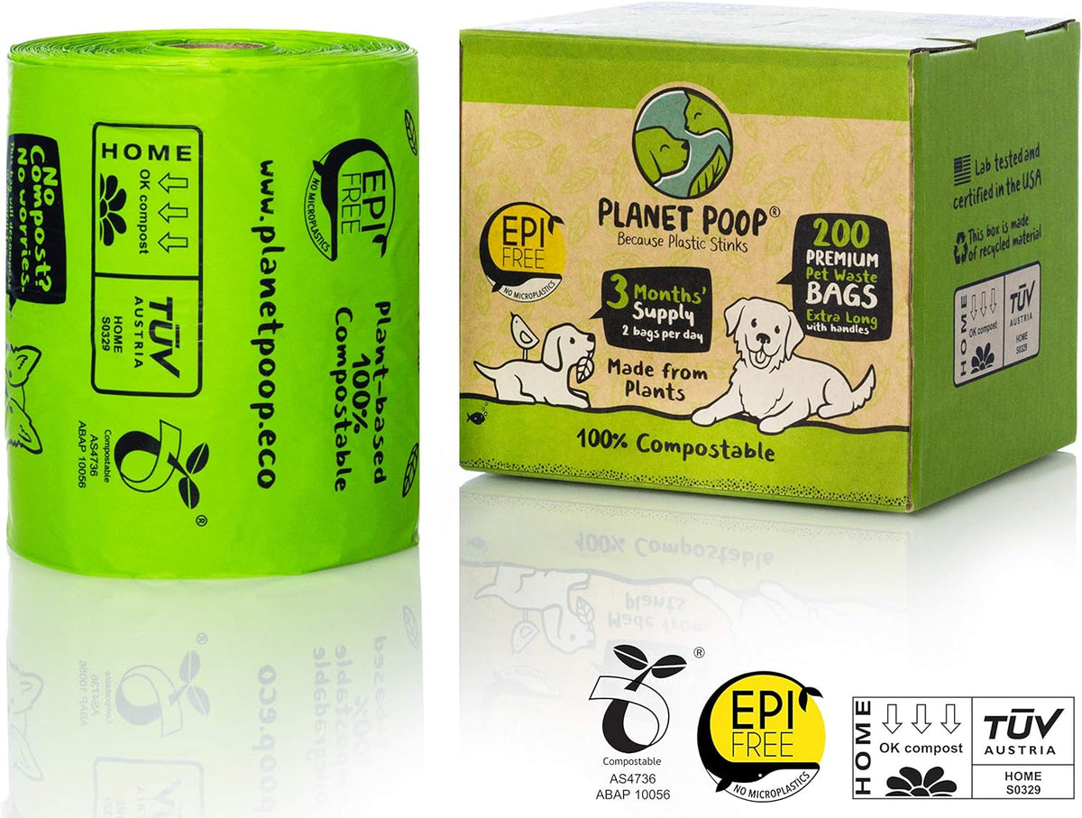 PLANET POOP Home Compostable Dog Poop Bags Extra Long with Handles | Large Single Roll 200 Grab &
