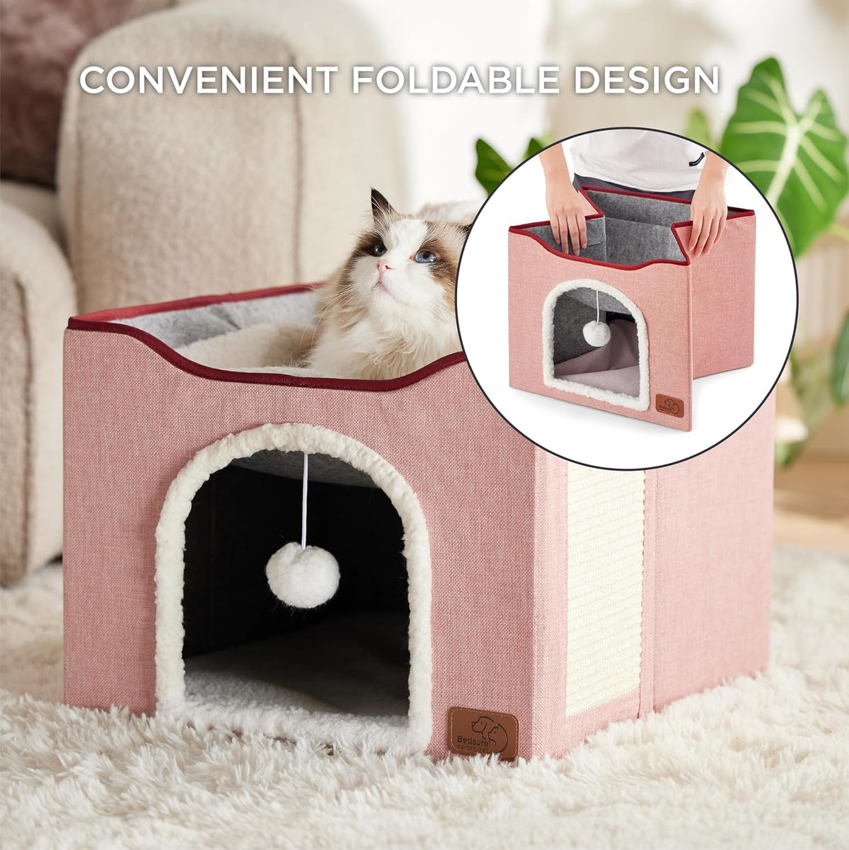 Bedsure Cat Beds for Indoor Cats - Large Cat Cave for Pet Cat House with Fluffy Ball Hanging and