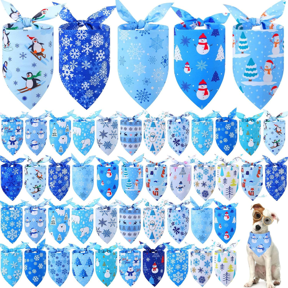 Abbylike 50 Pcs Winter Dog Bandanas Bulk Blue Snowflake Dog Bandanas for Pets Triangle Kerchief