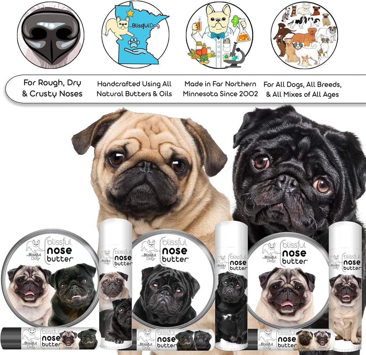The Blissful Dog Pug Duo Nose Butter for Dry, Cracked Skin, Lick-Safe Dog Nose Balm with