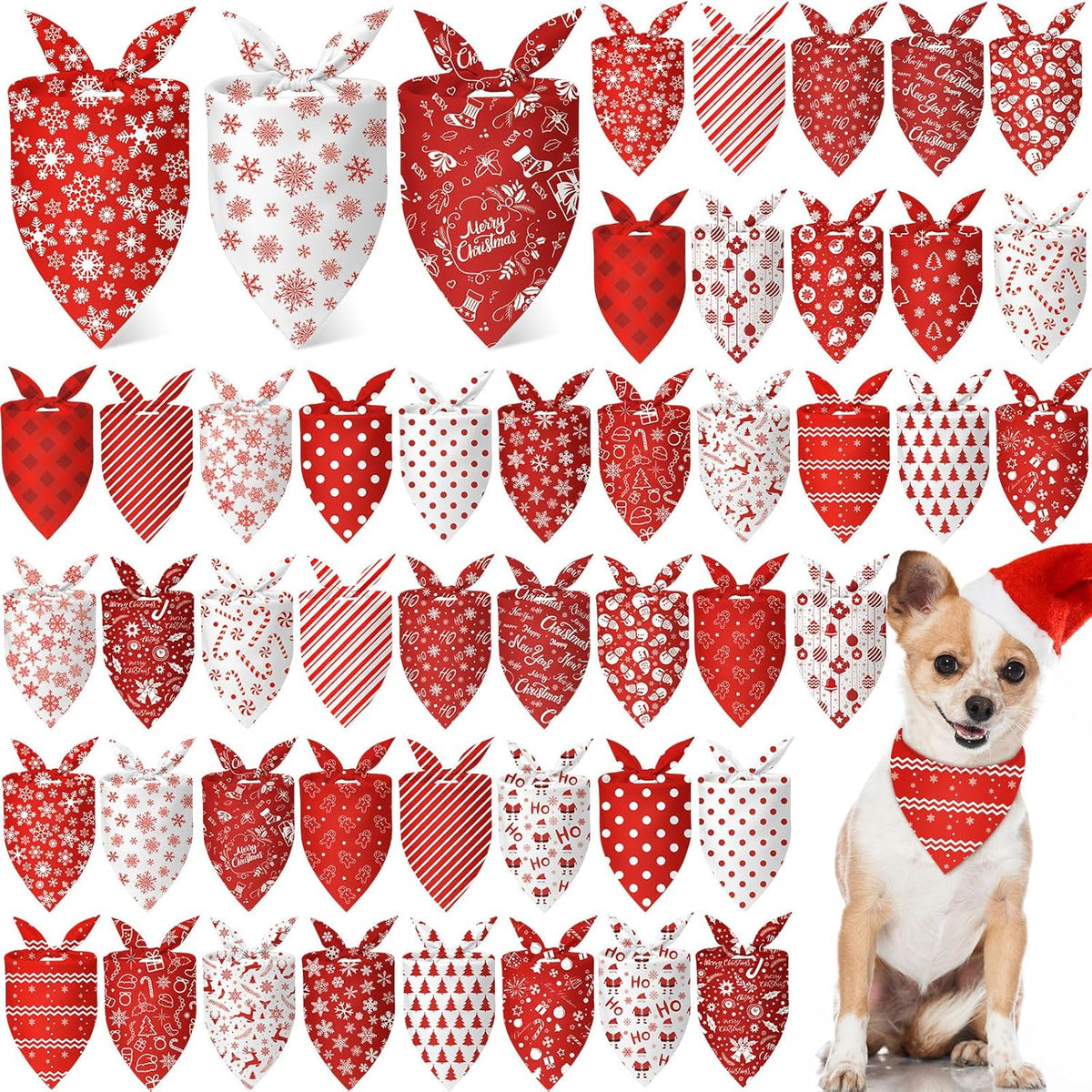 Abbylike 50 Pcs Christmas Dog Bandanas Bulk Xmas Red and White Bandanas for Dogs Triangle Kerchief