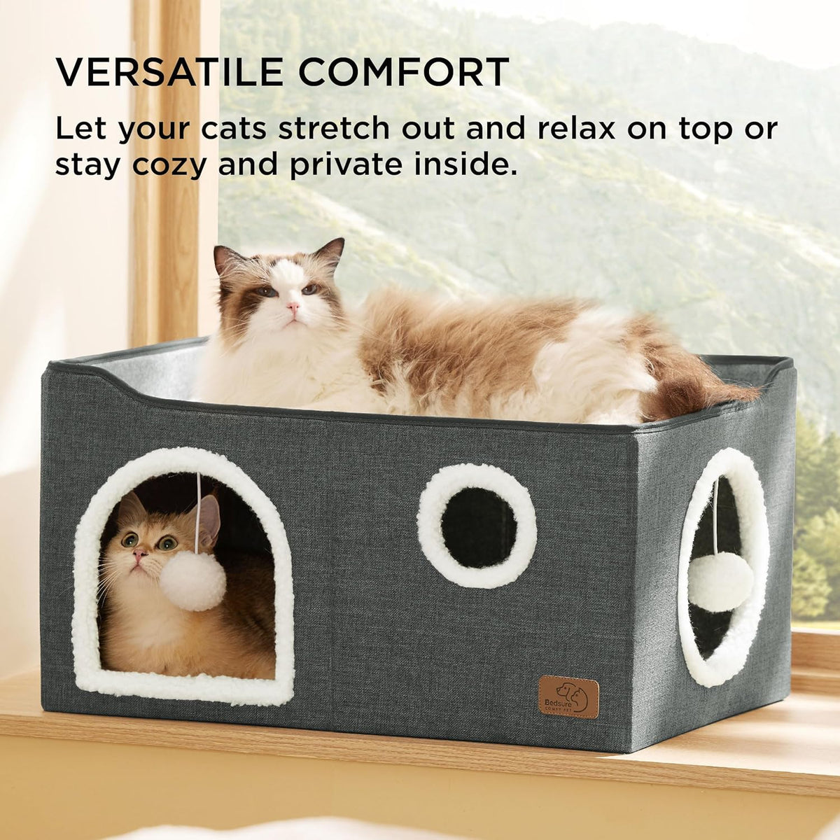 Bedsure Large Cat Beds for Indoor Cats - Extra Wide Cat Cube House for Small Pet with Fluffy Ball