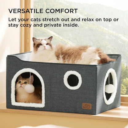 Bedsure Large Cat Beds for Indoor Cats - Extra Wide Cat Cube House for Small Pet with Fluffy Ball