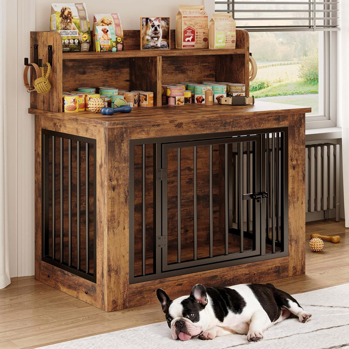 IRONCK Dog Crate Furniture, 33.4 inches Wooden Small Dog Crate with Storage and 4 Hooks, Heavy Duty