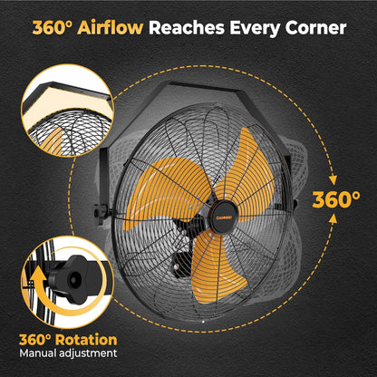 18 Inch Wall Mount Fan, Extended 6.6ft Power Cord, 360° Tilt Adjustment, 3-Speed, IP44 Industrial