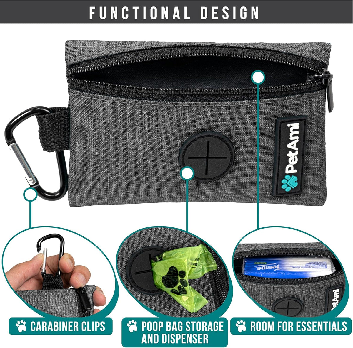 PetAmi Dog Poop Bag Holder for Leash, Dog Waste Bag Dispenser with Clip, Treat Pouch, Walking &