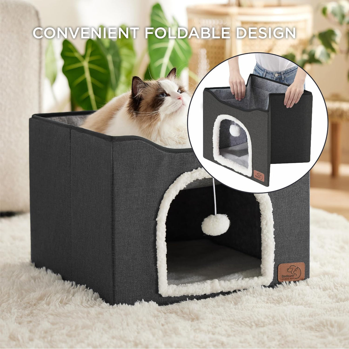 Bedsure Cat Beds for Indoor Cats - Large Cat Cave for Pet Cat House with Fluffy Ball Hanging and