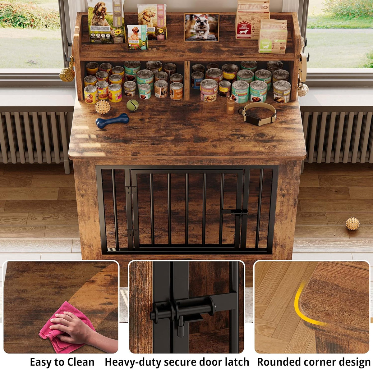 IRONCK Dog Crate Furniture, 33.4 inches Wooden Small Dog Crate with Storage and 4 Hooks, Heavy Duty