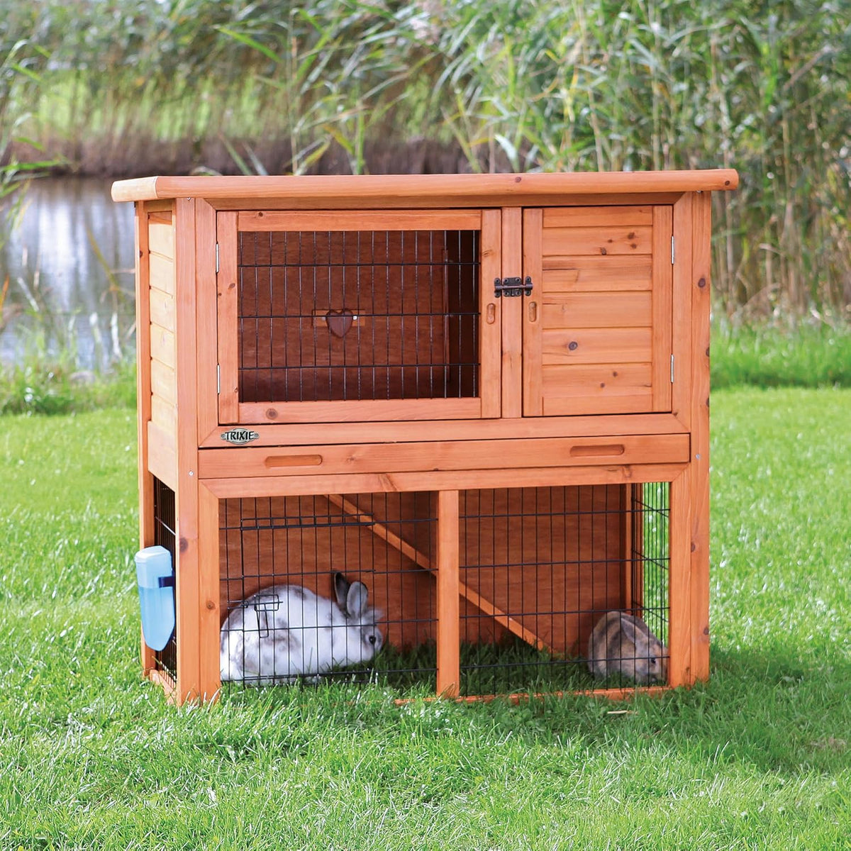 TRIXIE natura Outdoor Rabbit Hutch with Run - 2-Story Rabbit Cage with Non-Slip Ramp - Medium