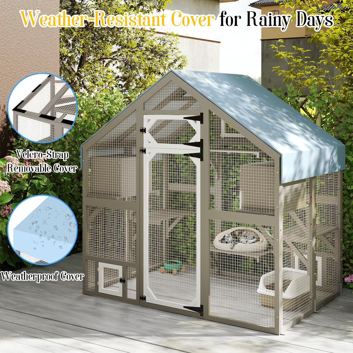Cat Catio Outdoor Enclosure for Multiple Cats, Large Wooden Walk-in Cat House with Window