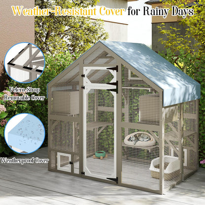 Cat Catio Outdoor Enclosure for Multiple Cats, Large Wooden Walk-in Cat House with Window