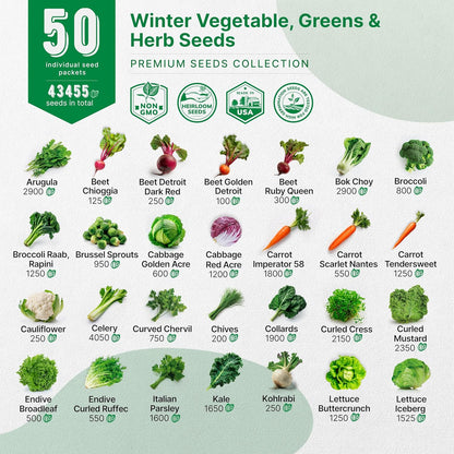 50 Winter Vegetable Garden Seeds Variety Pack - 43,450+ Non-GMO Heirloom Seeds for Outdoors &
