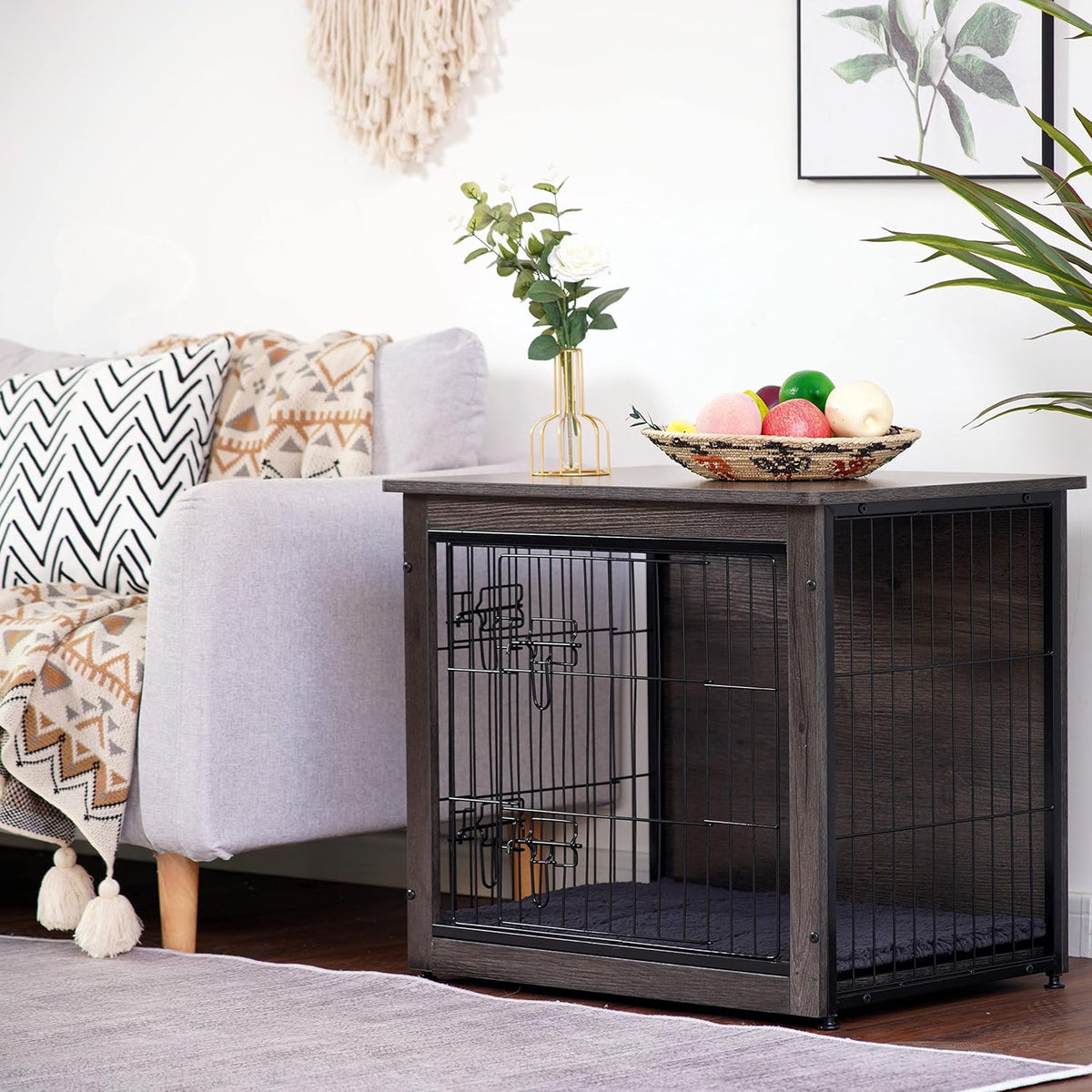 DWANTON Dog Crate Furniture with Cushion, Wooden Kennel Table with Double Doors, Indoor Dog House