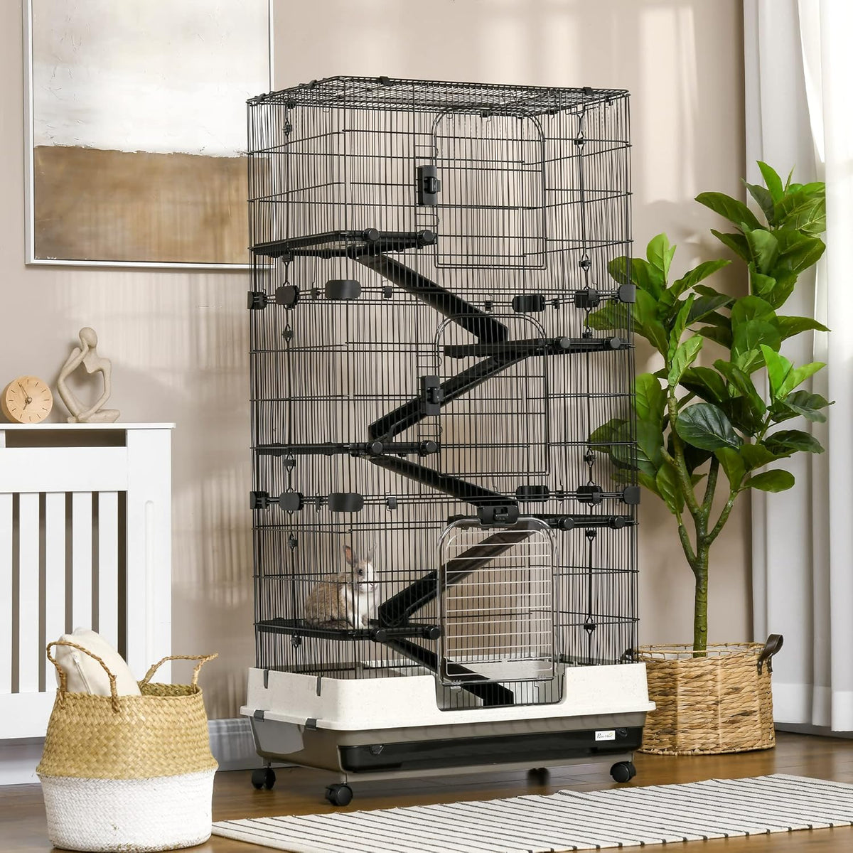PawHut 59.5" Small Animal Cage with Wheels, 6-Level Portable Bunny Cage, Chinchilla Ferret Cage