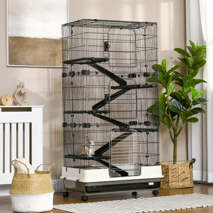 PawHut 59.5" Small Animal Cage with Wheels, 6-Level Portable Bunny Cage, Chinchilla Ferret Cage