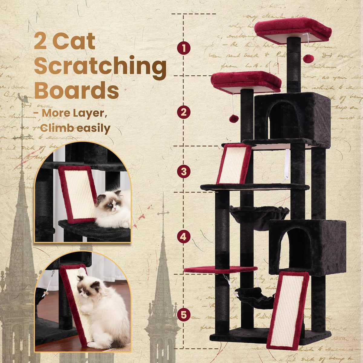 Cat Tree for Indoor Cats, 71'' (180cm) Multi-Level Cat Tower for Large Adult, Gothic Sturdy Cat