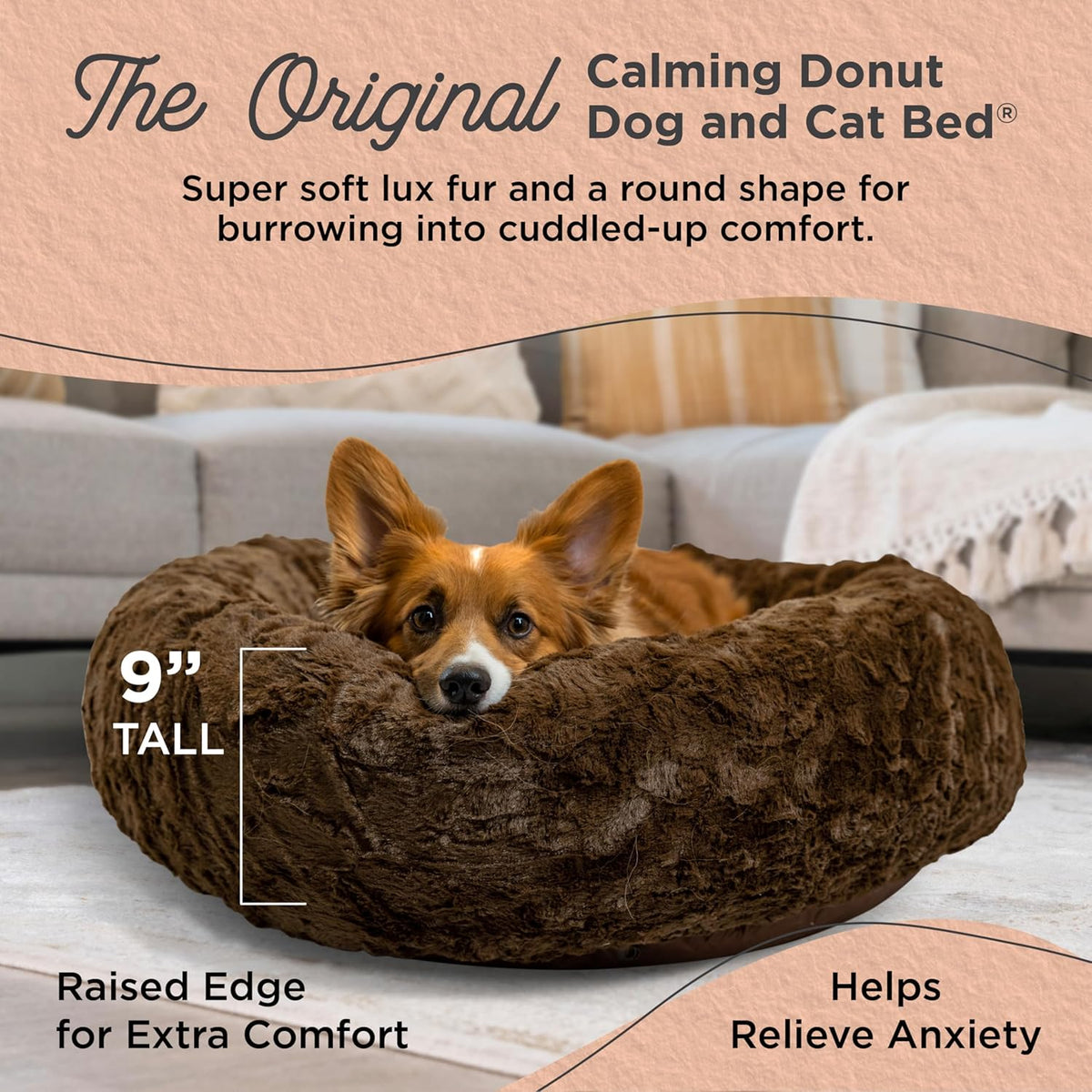Best Friends by Sheri Original Calming Donut Dog and Cat Bed, Lux Faux Fur, Dark Brown, (30in x