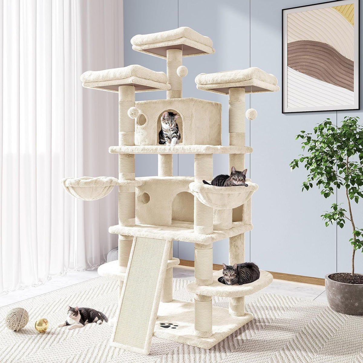 Allewie 68 Inches Cat Tree/House and Towers for Big Feline/Scratching Post/Multi-Level Large Kitty