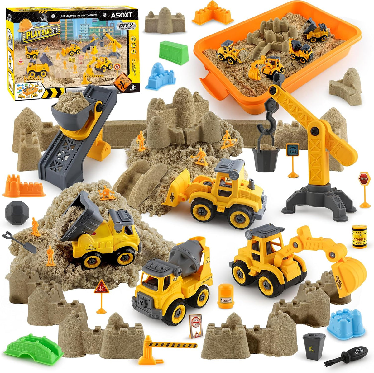 Asoxt 43-Piece Construction Sensory Playset – 2 lbs Play Sand, 4 DIY Trucks, Crane & Road Signs