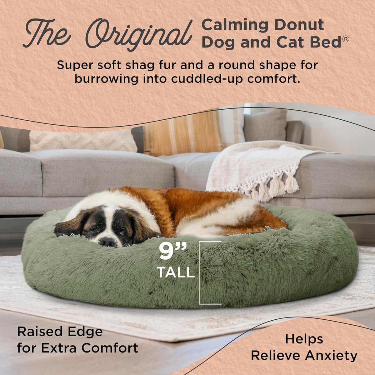 Best Friends by Sheri Original Calming Donut Dog and Cat Bed, Shag Faux Fur, Sage Green, XL (45in x
