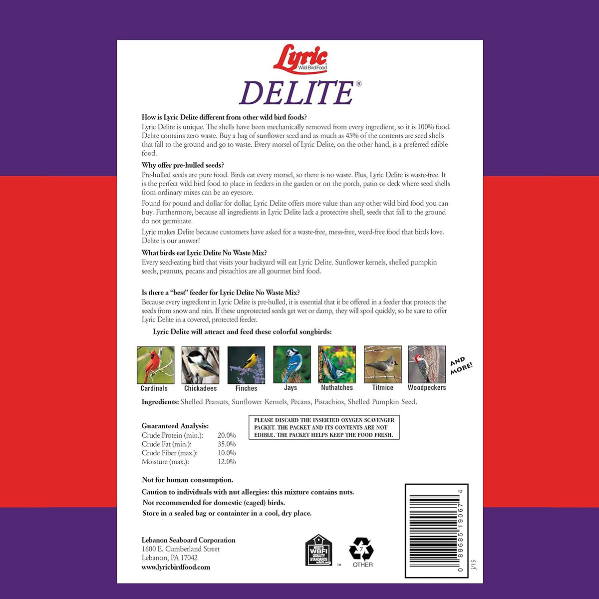 Lyric Delite Wild Bird Seed - No Waste Bird Food Mix with Shell-Free Nuts & Seeds - Attracts
