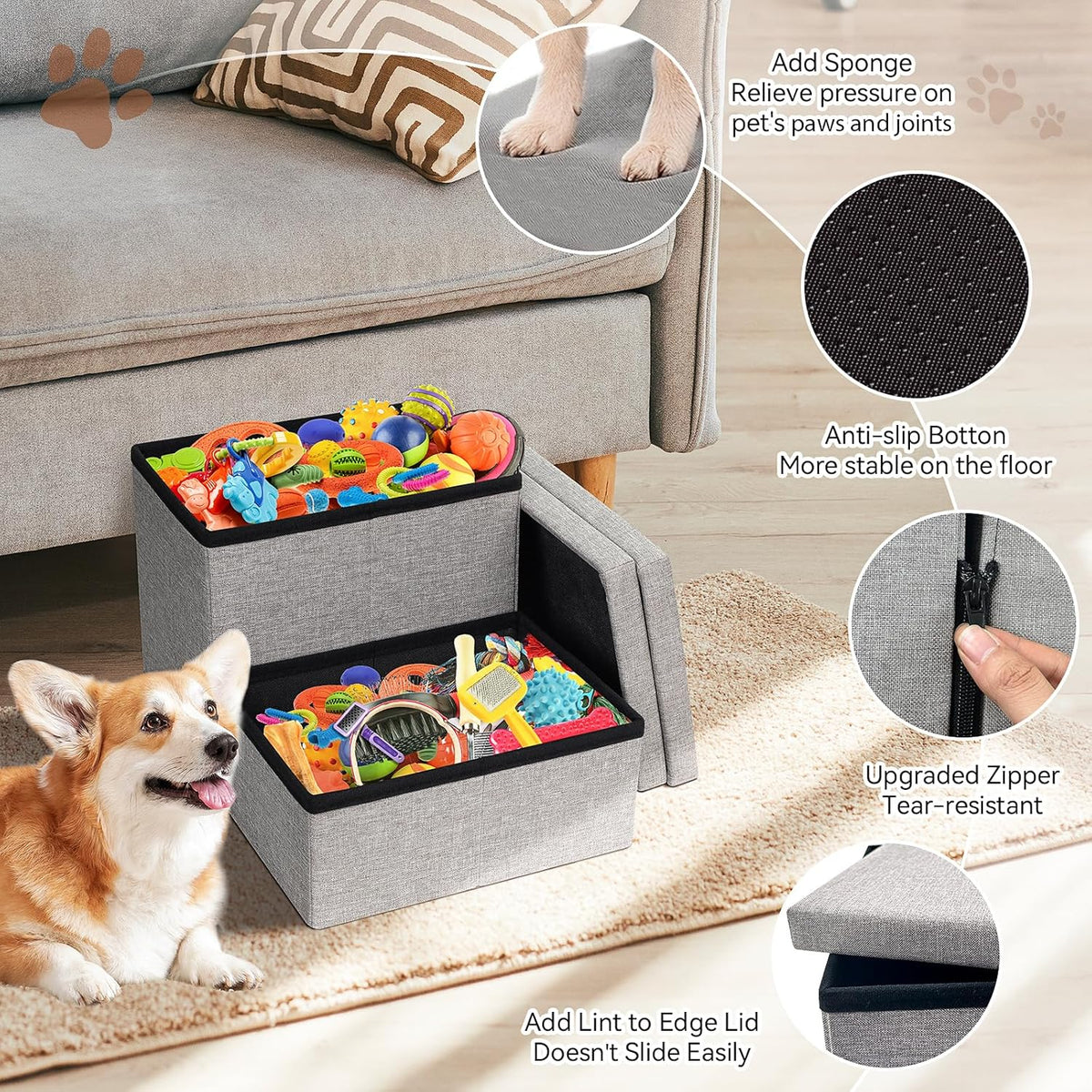 Dog Stairs with Storage 12" H, 2-Step Wider Dog Steps for Dogs Cats, Folding Sturdy Pet Stairs