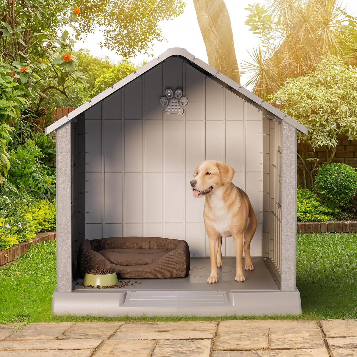 Large Dog House Outdoor Indoor for Medium Large Dogs, Durable Plastic Waterproof Doghouse with Air