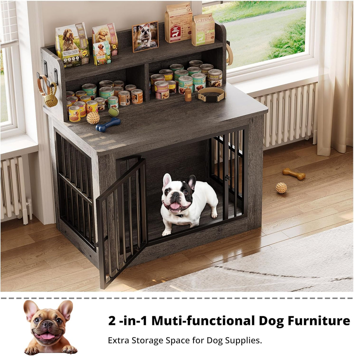 IRONCK Dog Crate Furniture, 33.4 inches Wooden Small Dog Crate with Storage and 4 Hooks, Heavy Duty