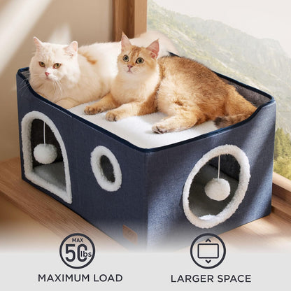 Bedsure Large Cat Beds for Indoor Cats - Extra Wide Cat Cube House for Small Pet with Fluffy Ball