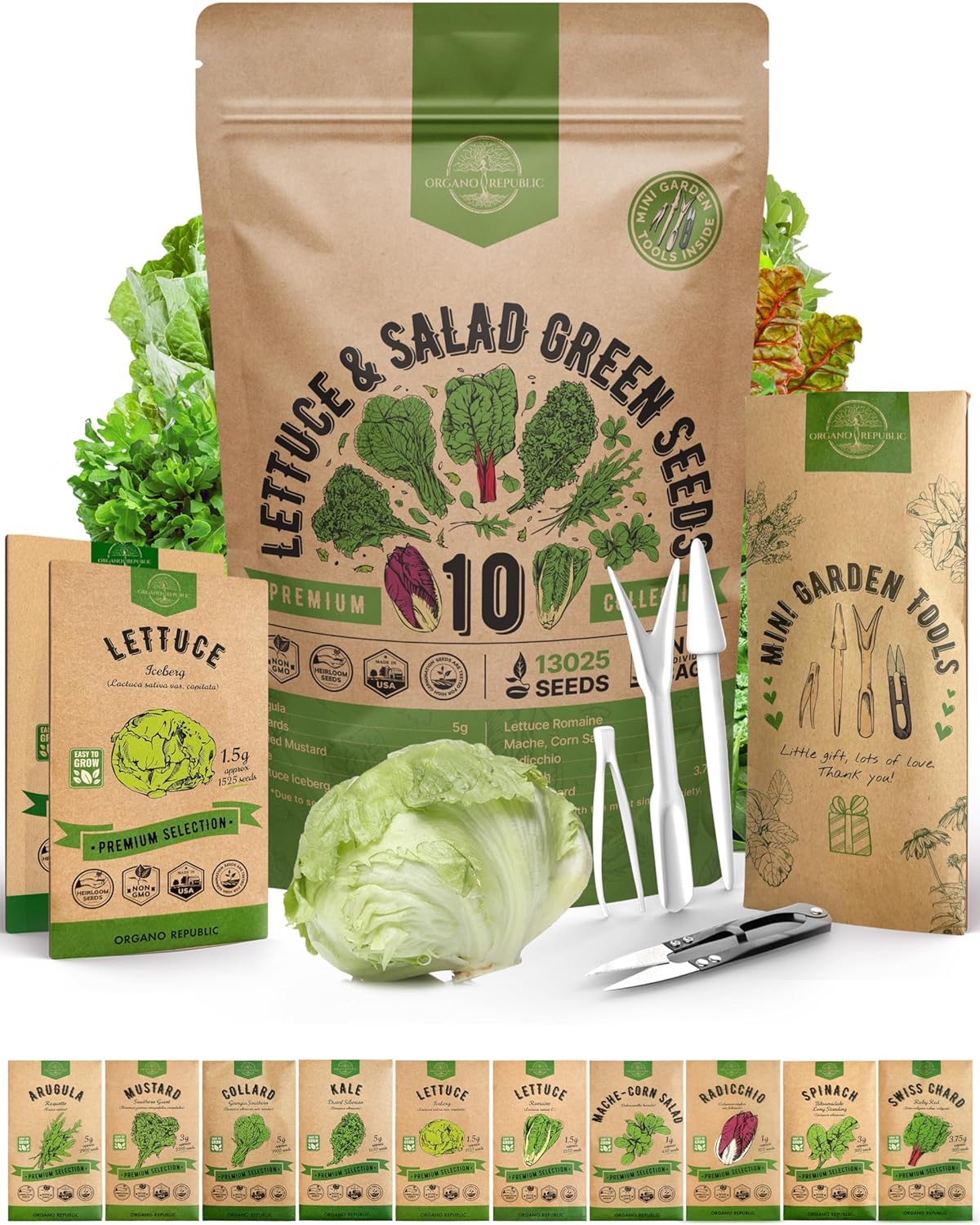 Organo Republic 10 Lettuce & Salad Greens Seeds Variety Pack 13000+ Non-GMO Heirloom Lettuce Seeds