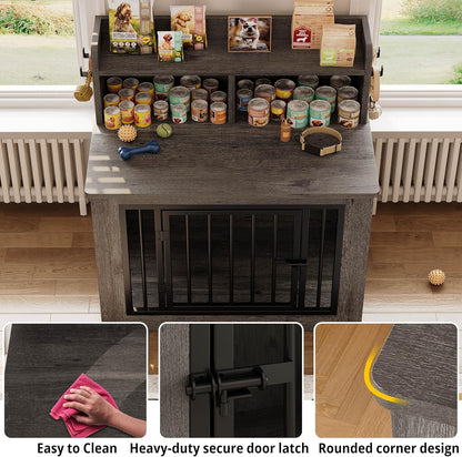 IRONCK Dog Crate Furniture, 33.4 inches Wooden Small Dog Crate with Storage and 4 Hooks, Heavy Duty