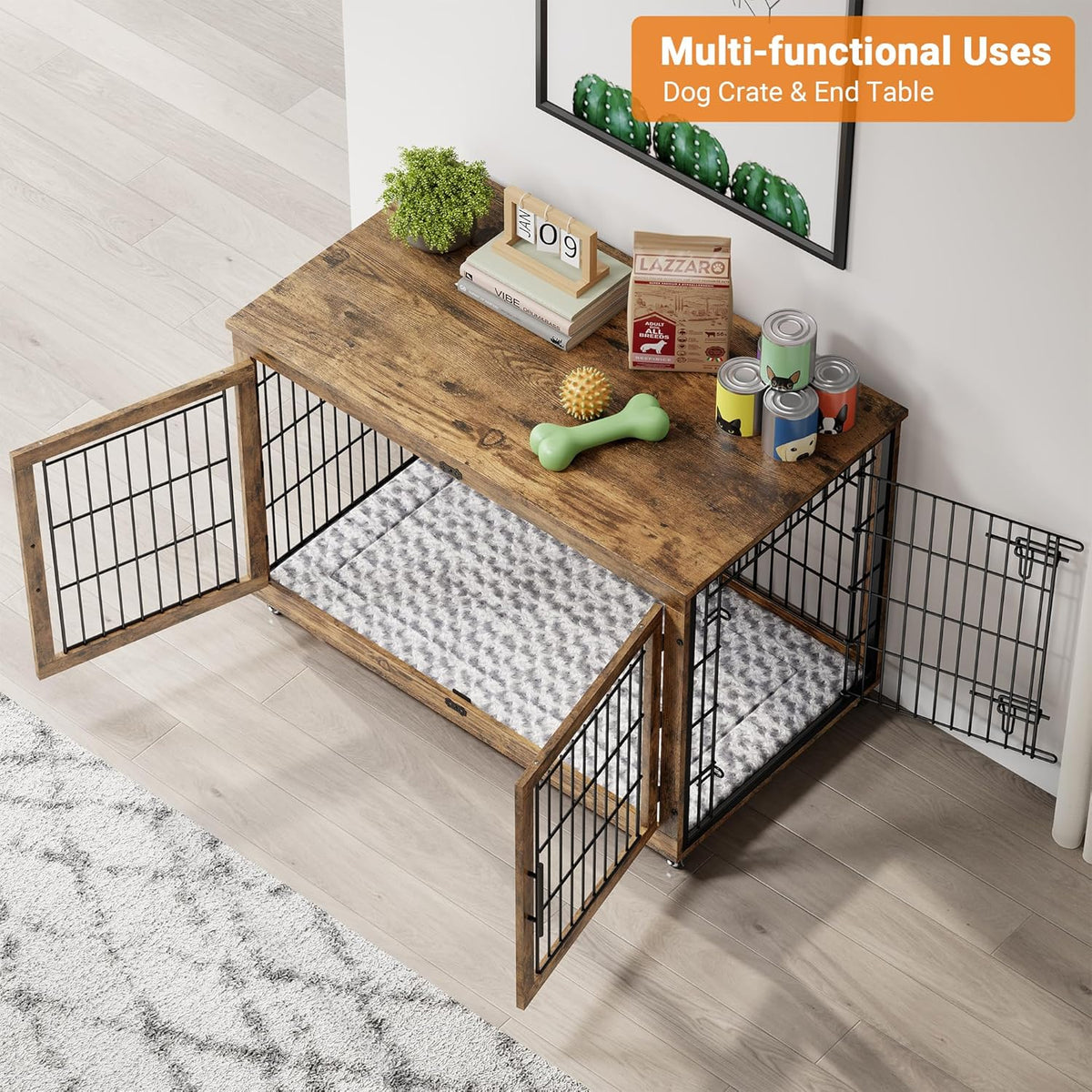 Lulive Dog Crate Furniture, XL Wooden Dog Kennel Indoor Double Doors Dog Cage, 44'' Heavy Duty Dog