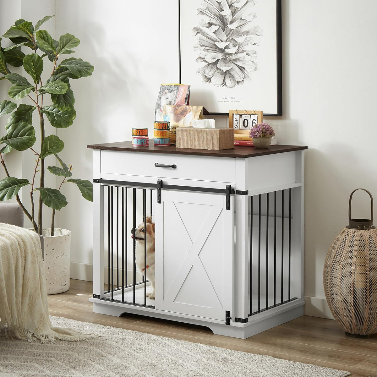 LZUUOB 37.8'' Dog Crate Furniture with Storage Drawer, Decorative Wooden Dog Kennel with Sliding