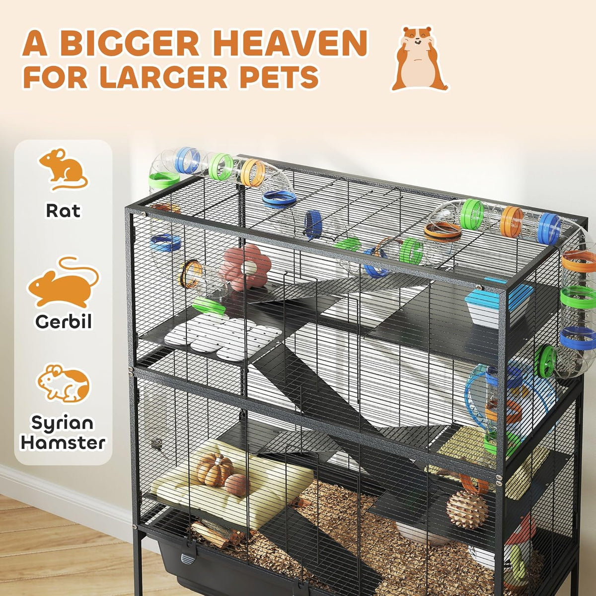 PawHut Hamster Cage with Deep Tray, 5 Tier Rolling Rat Cage with Storage Shelf, Big Exercise Wheel