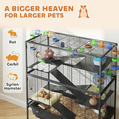 PawHut Hamster Cage with Deep Tray, 5 Tier Rolling Rat Cage with Storage Shelf, Big Exercise Wheel