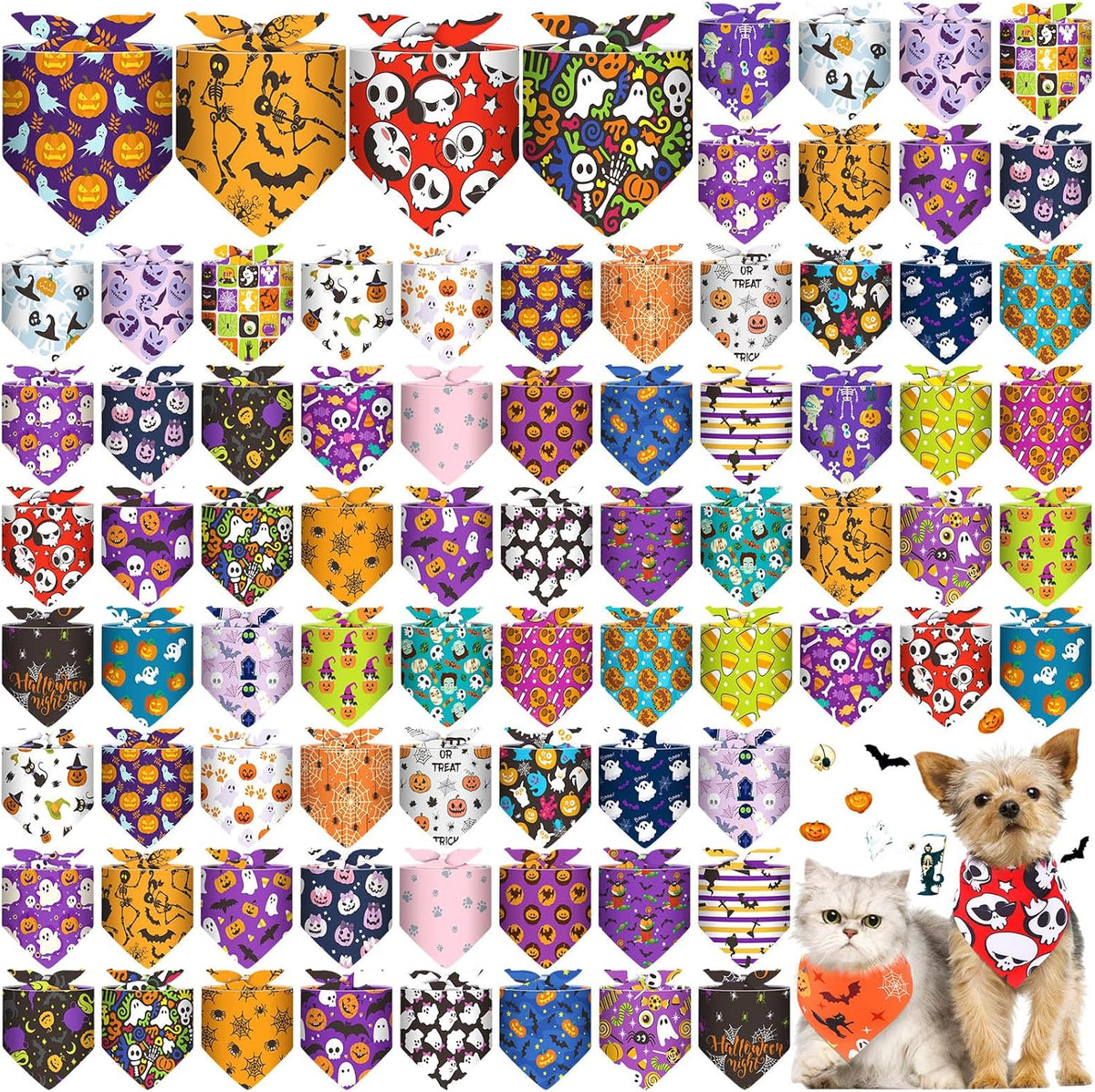 Reginary 72 Packs Halloween Dog Bandanas Bulk Pumpkin Ghost Pet Bandanas Triangle Scarf Bibs