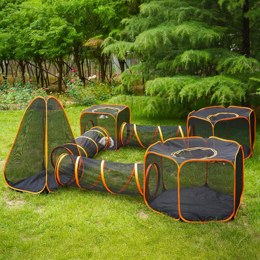 7 in 1 Outdoor Cat Enclosure, Foldable Pop-Up Mesh Playpen Tunnel for Pet Run, Foldable Outside