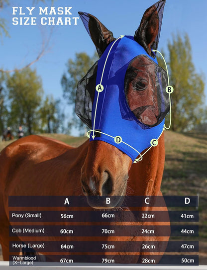 Horse Fly Mask with Ears, UV Protection Mask for Horses, Elasticity Mask with Big Mesh Eye Covers