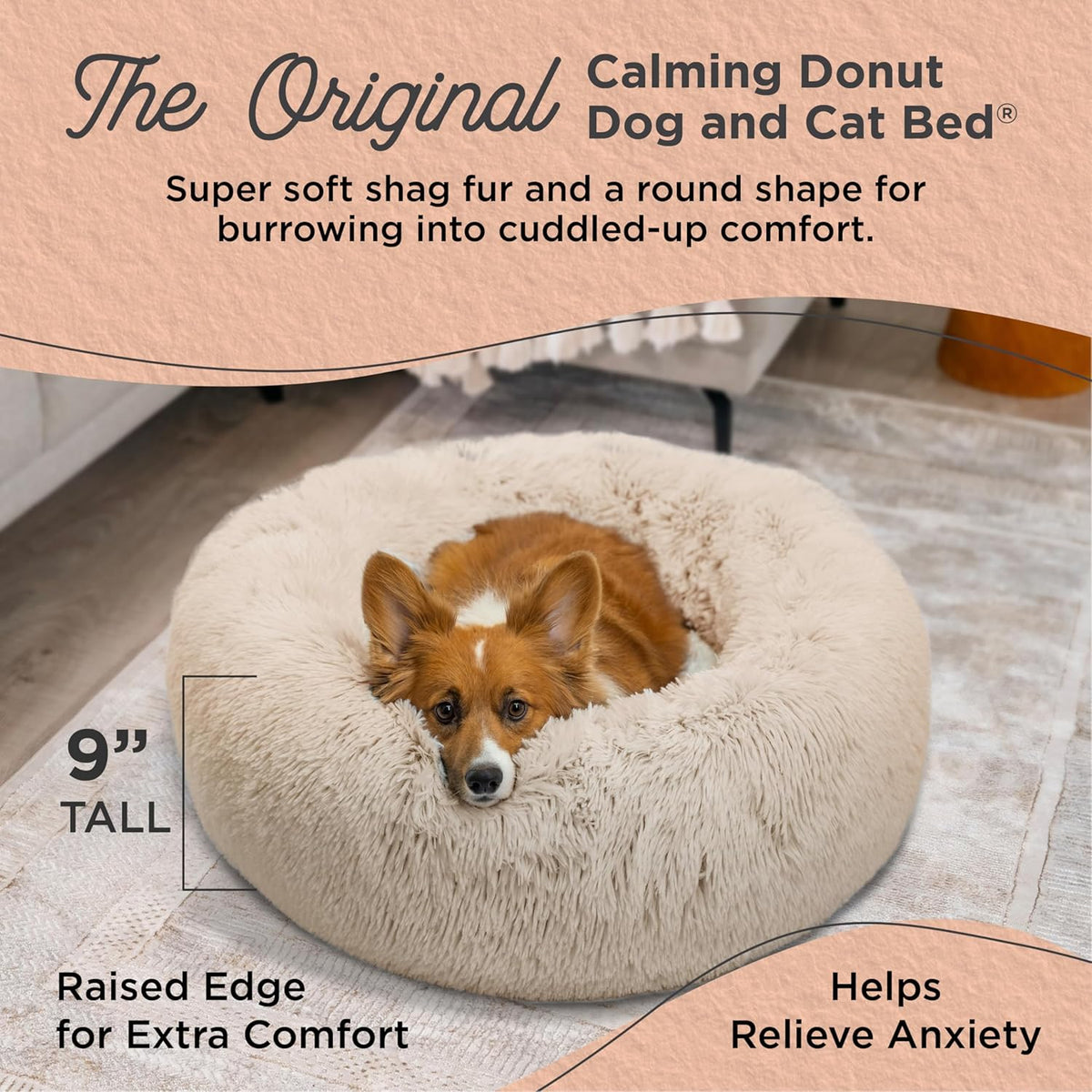 Best Friends by Sheri Original Calming Donut Dog and Cat Bed, Shag Faux Fur, Taupe, (30in x 30in)
