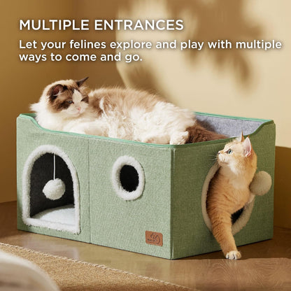 Bedsure Large Cat Beds for Indoor Cats - Extra Wide Cat Cube House for Small Pet with Fluffy Ball