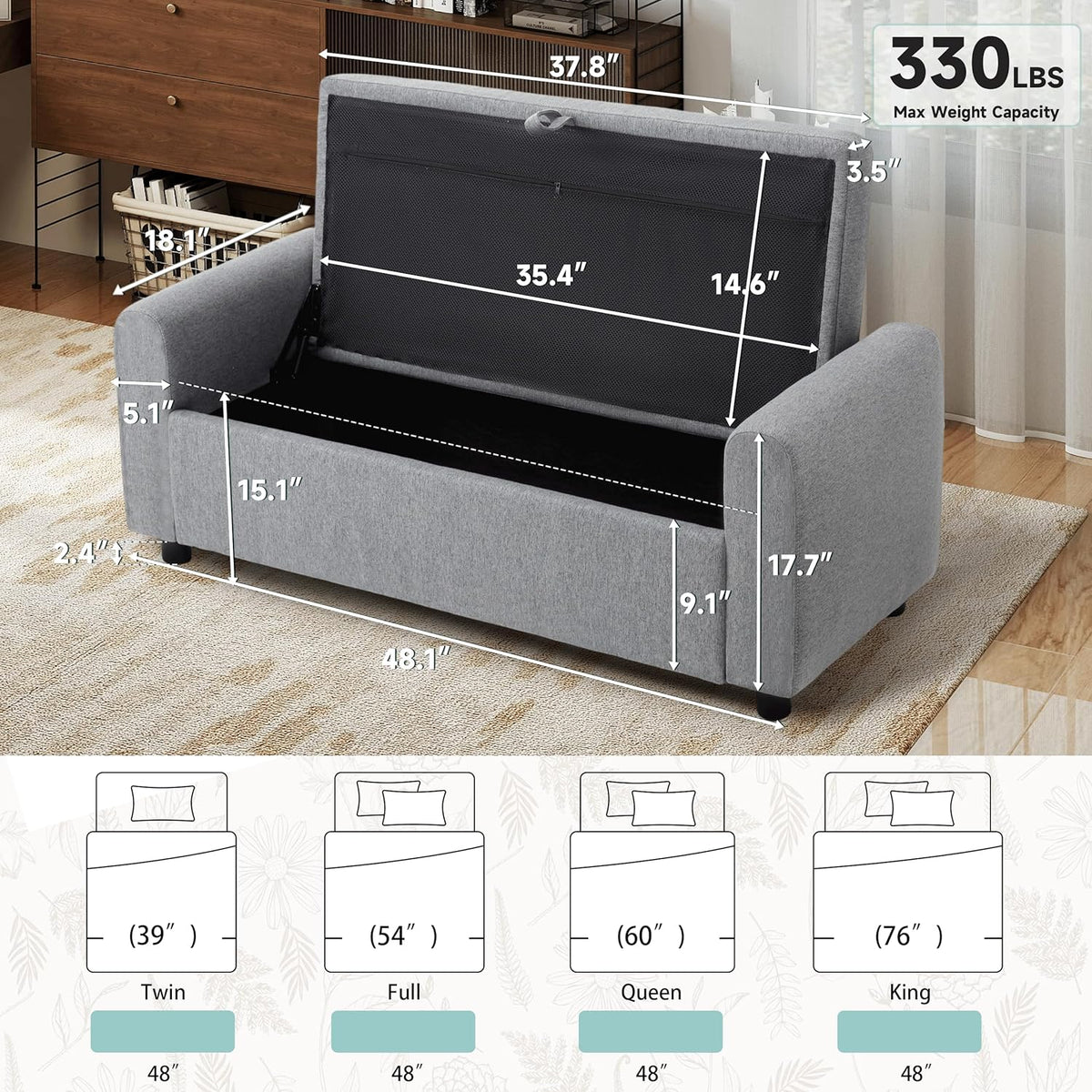 Ottoman with Storage, Tufted Storage Bench for Bedroom, 48" Fabrics End of Bed Bench, Upholstered