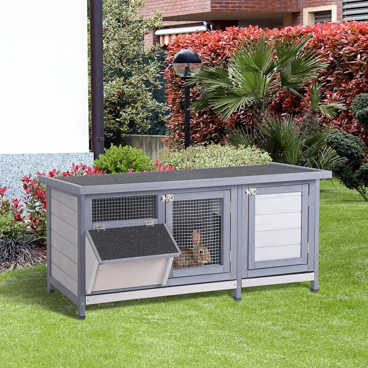 PawHut Wooden Rabbit Hutch Bunny Hutch Cage Guinea Pig with Waterproof Roof, No Leak Tray and