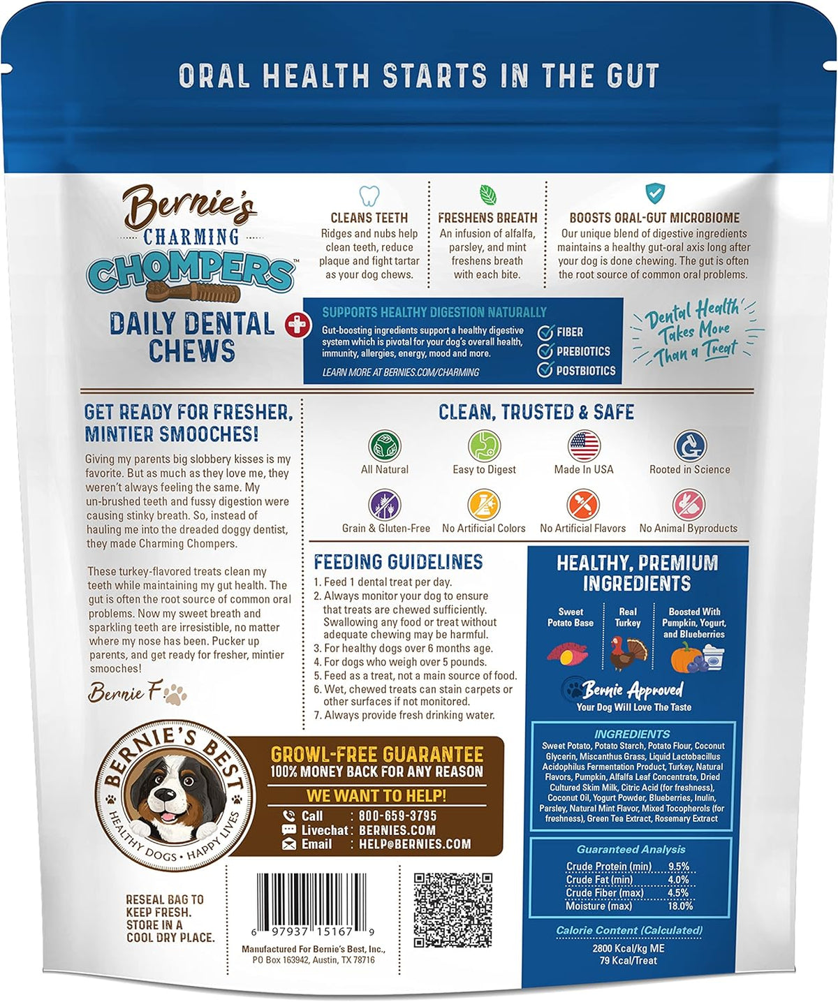 Bernie's Charming Chompers - Daily Dental Chews for Dogs 26-50 Lbs. - 18 Count - Cleans Teeth