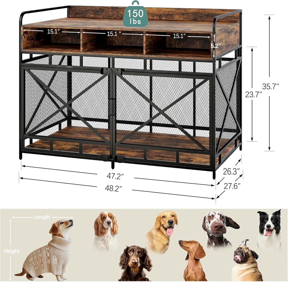 Dog Crate Furniture, 48" Heavy Duty Wooden Dog Crate End Table, XL Dog Kennel Furniture Large