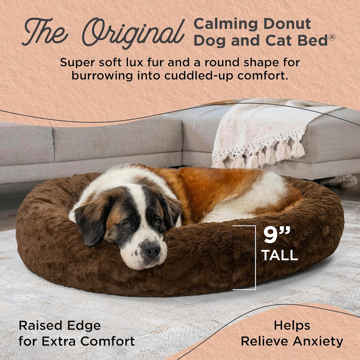 Best Friends by Sheri Original Calming Donut Dog and Cat Bed, Lux Faux Fur, Dark Brown, XL (45in x